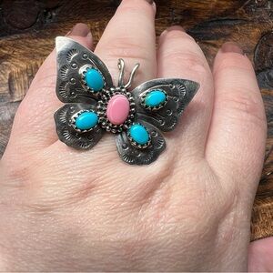 Sterling Silver Butterfly Ring Sz 8 Kingman Turquoise Queen Conch